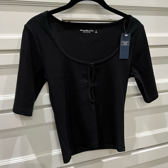 NWT Abercrombie & Fitch A&F Soft ribbed black baby tee top S - Picture 6 of 6
